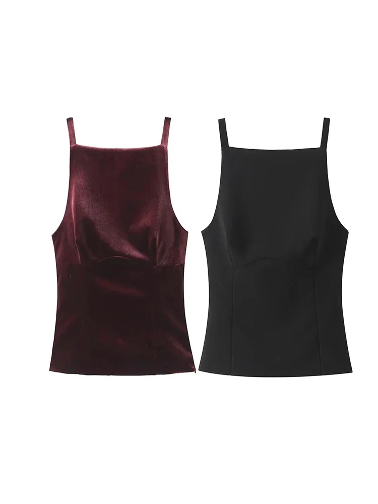 Women Red Velvet Tank Tops Backless Bow Bandage Top