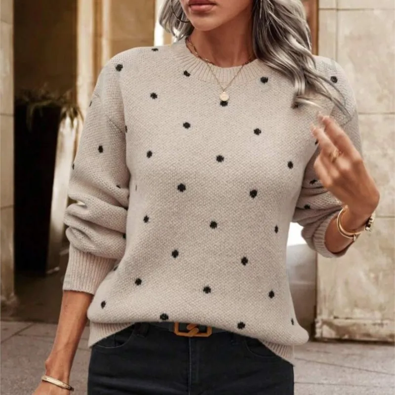 

Knit Sweater Dot Women Long Sleeve Pullover Round Neck Solid Jumper Warm Regular Autumn Winter Thick Knitted Tops Office Lady