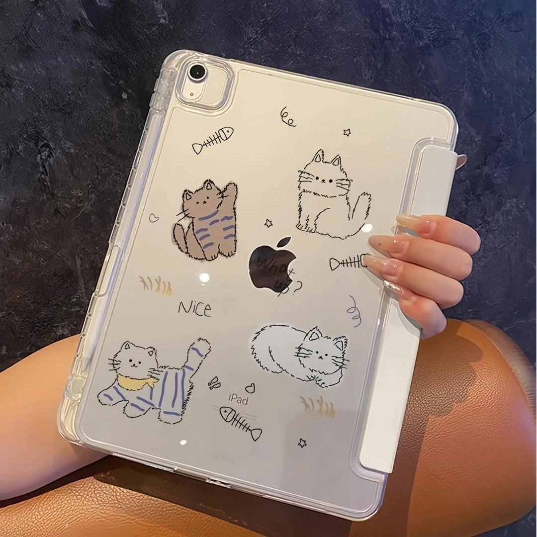 Cute Cartoon Kitten Cat Tablet Case For iPad Pro 11 12.9 13 A16 M2 M4 M3 M5 Shell 10.2 5/6/7/8/9/10/11th Mini Air 3 4 5 6 Cover