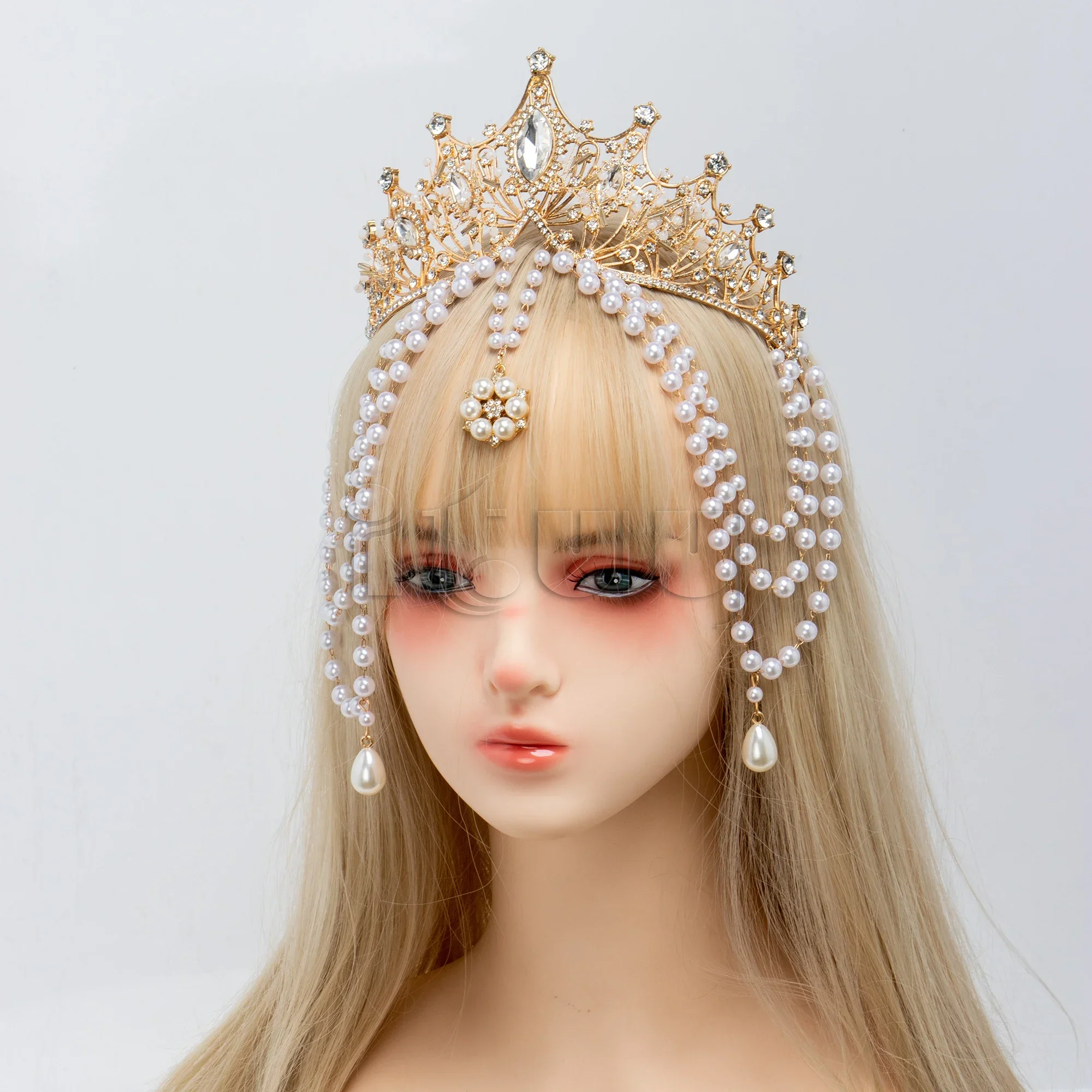 Handmade Lolita Multilayer Pearl Tassels Crown Sun Goddess Virgin Mary Hair Accessory Gorgeous Wedding Princess Bride Headdress