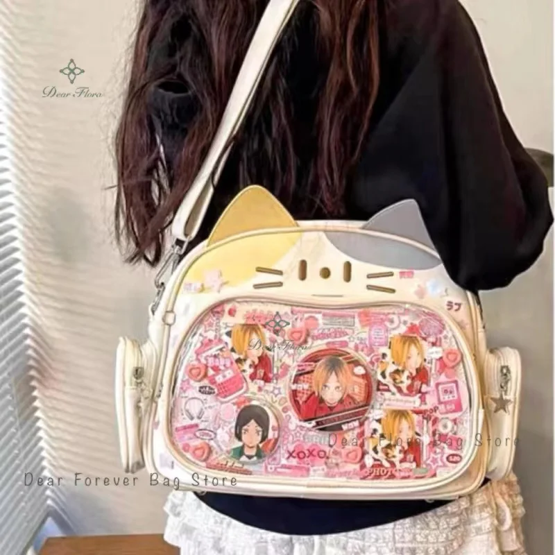 New Y2K Korean Kawaii Cat Ita Bag Cute PU Shoulder Bag Girls Transparent Pocket Harajuku Crossbody Bag Women\'s Fashion Backpacks