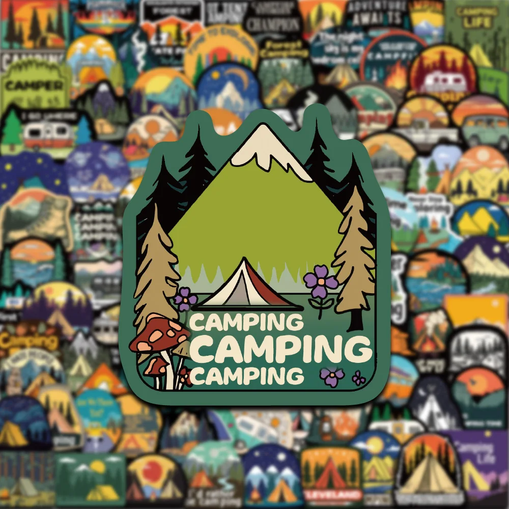 50/100 قطعة الكرتون متعة الرجعية التخييم ملصق جبل عميق النار خيمة على الطرق الوعرة مركبة فن الديكور زجاجة ماء الغيتار الهاتف