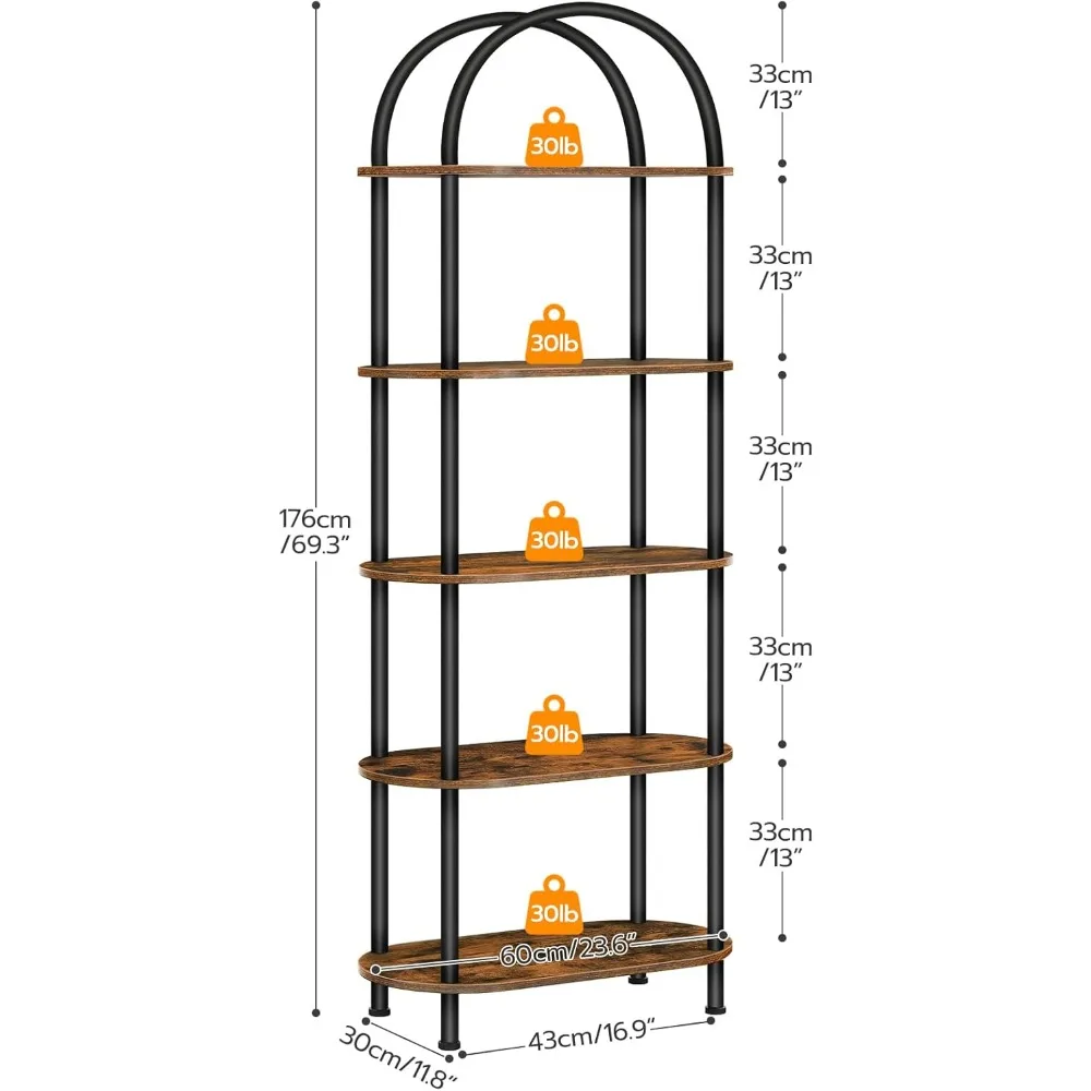 5-Tier Industrial Bookshelf, Arched Metal Frame Storage Organizer for Home Office, Easy Assembly Rustic Brown