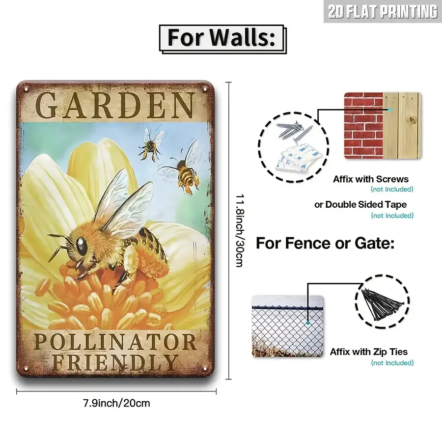 2D Flat, 6pcs Vintage Sunflower and Bee Metal Signs - 20.32x30.48 cm Farmhouse Wall Decor with 