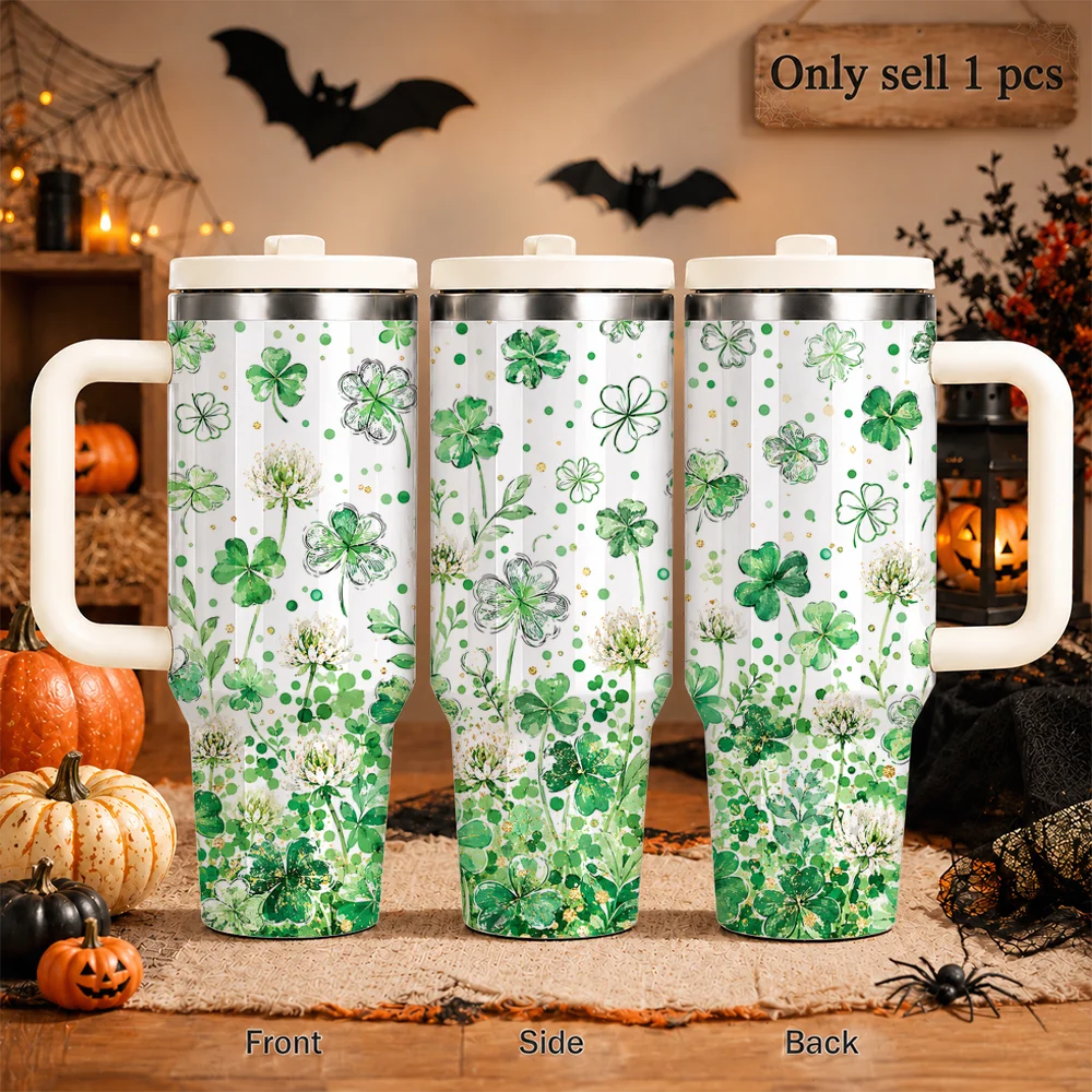 Lucky Four Leaf Clover Fabric Vacuum Flasks 40oz Insulated Tumbler With Handle Straw Lid Leakproof Stainless Steel Travel Cup
