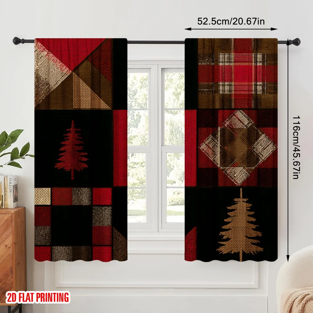 2pcs,2D plane printing Light Filtering Curtains Forest animals with red and black squares Versatile 100% Polyester (without rod)