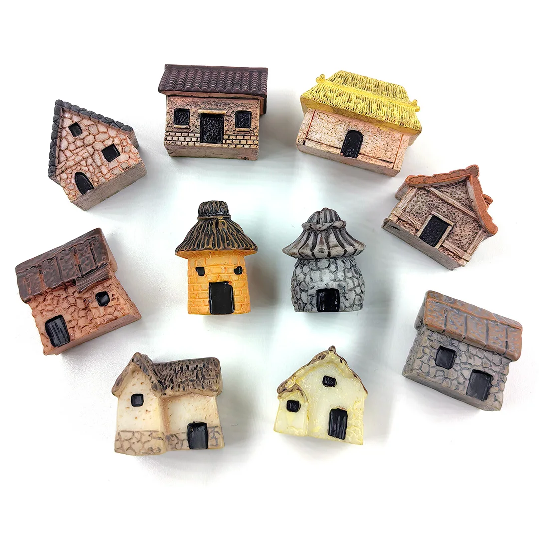 10Pcs Mini Small House Figurine Resin Craft Diy Home Decor Miniature Fairy Garden Decoration Accessories Modern Building Statue