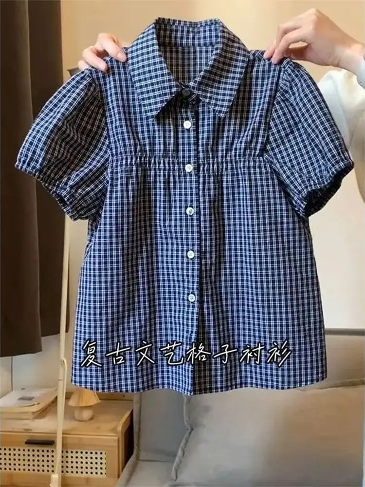 Retro Plaid Collar Bubble Sleeve Shirt Women Slim Fit Summer Commute Versatile Doll Shirt Top Korean Style Loose Fit