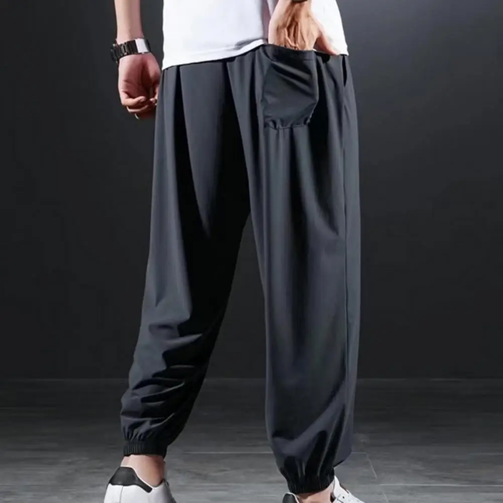 Men Casual Ice Silk Pants Loose Ankle-banded Pockets Drawstring Sport Pants Soft Breathable Elastic Waist Gym Sweatpants