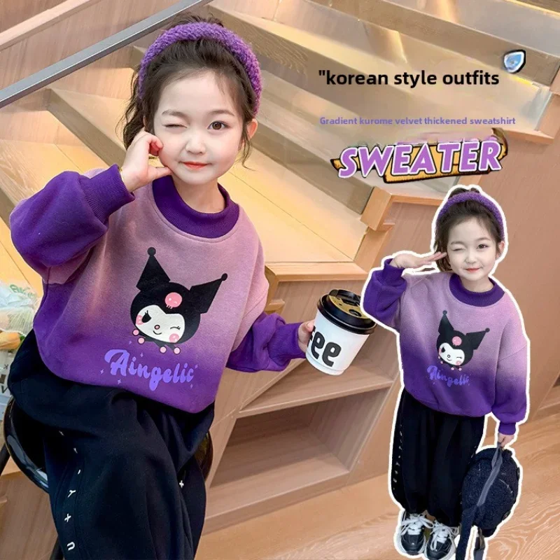 Sanrio winter Kulomi cute children's warm bottoming shirt cartoon gradual change crew neck fleece thickened casual top