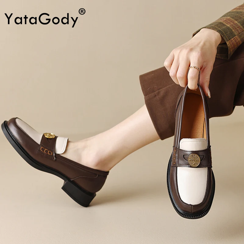 YATAGODY Size 33-41 Casual Loafers For Women Vintage Flats Shoes Slip On Thick Low Heels Spring 2025 Platform Work Office Dress