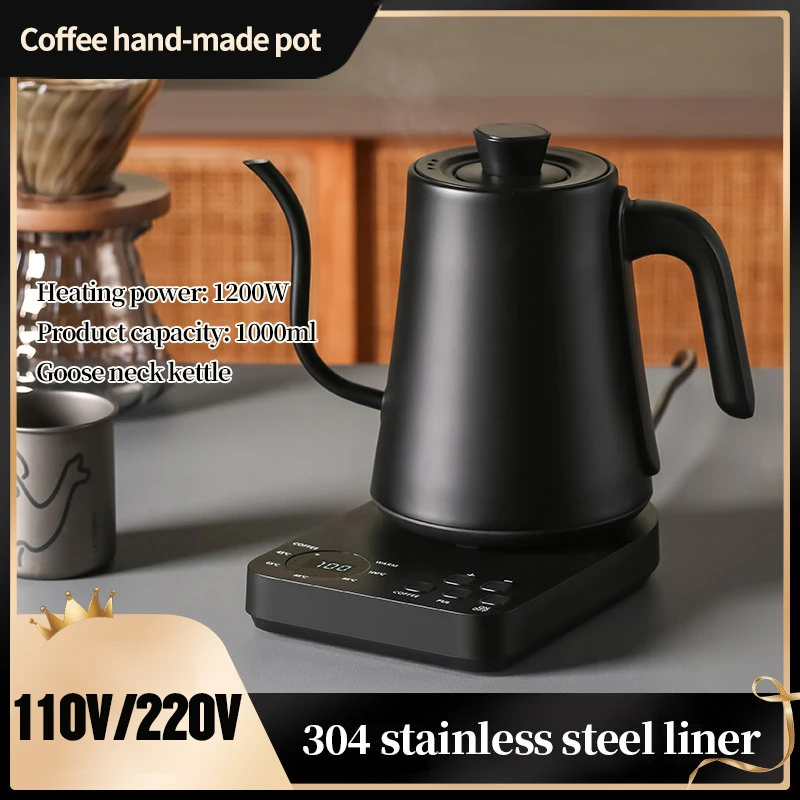 1.0L Gooseneck Electric Kettle Hand Brew Coffee Pot 1200W Rapid Heating Temperature Control Pot 304 Stainless Steel Liner