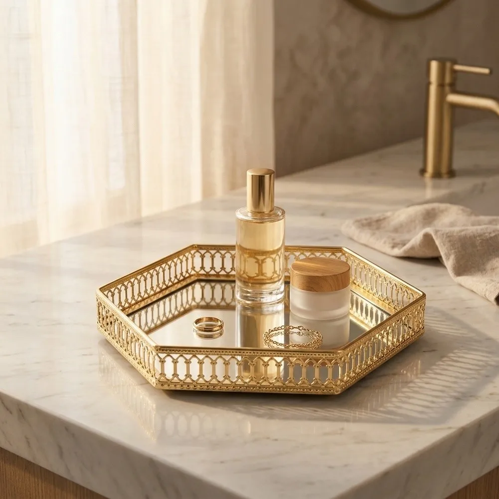 Gold Elegant Mirror Vanity Tray, Perfume Jewelry And Makeup Display Tray, Decorative Storage Organizer For Dresser And Bathroom