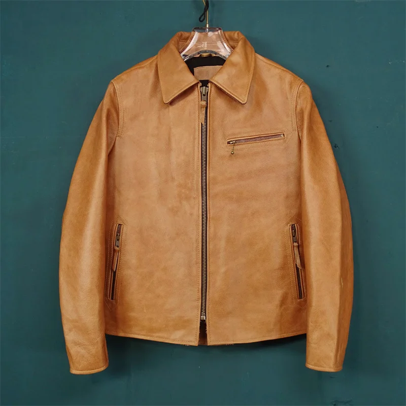 shipping.classic rider brown Free cowhide Jacket,men genuine Leather coat.short vintage style leather cloth.cheap outwear.