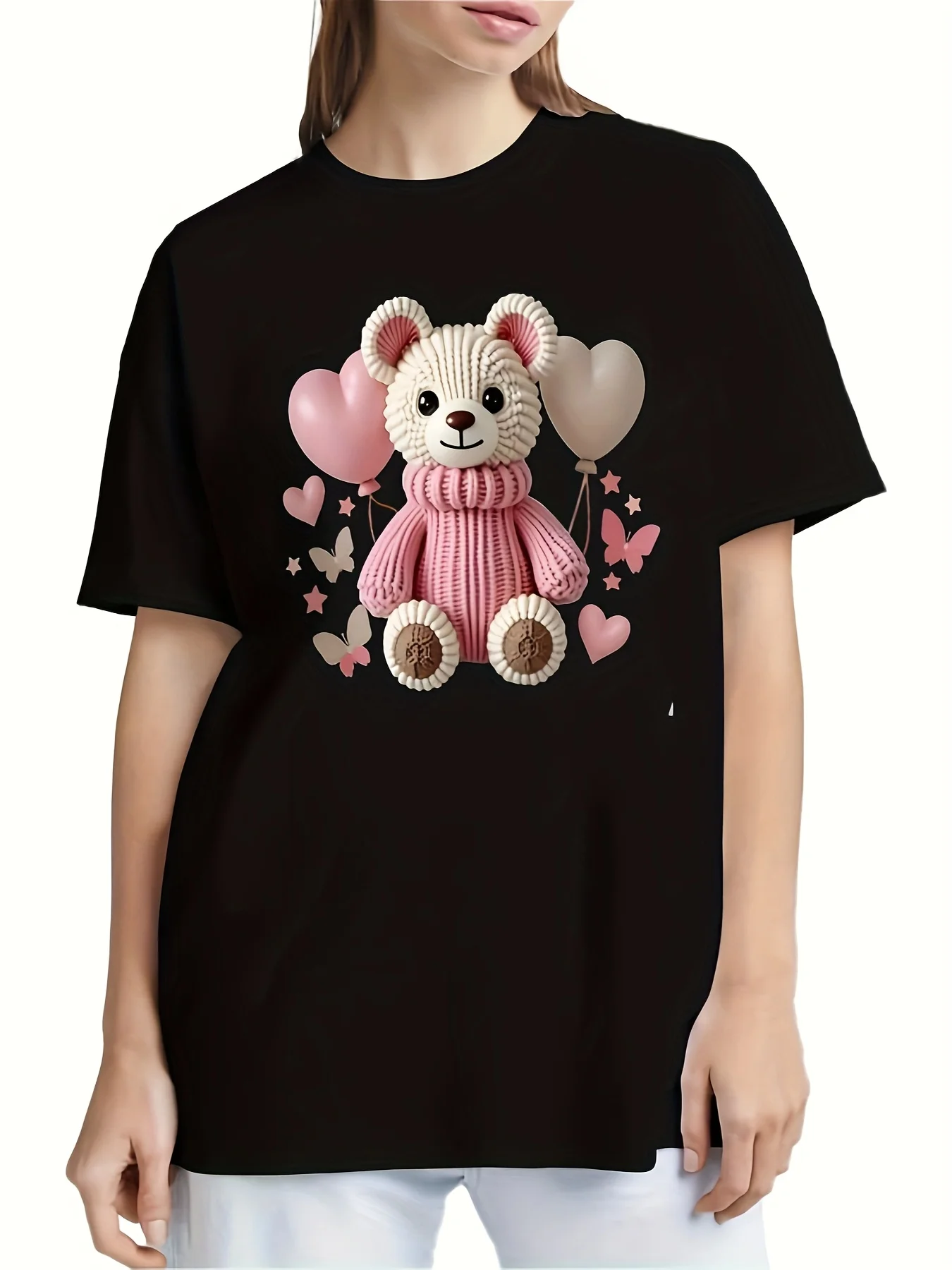 Printed and Stretchy Short Sleeve Casual Crew  Suitable Daily Wear Women'S Cute Teddy Bear and Balloon