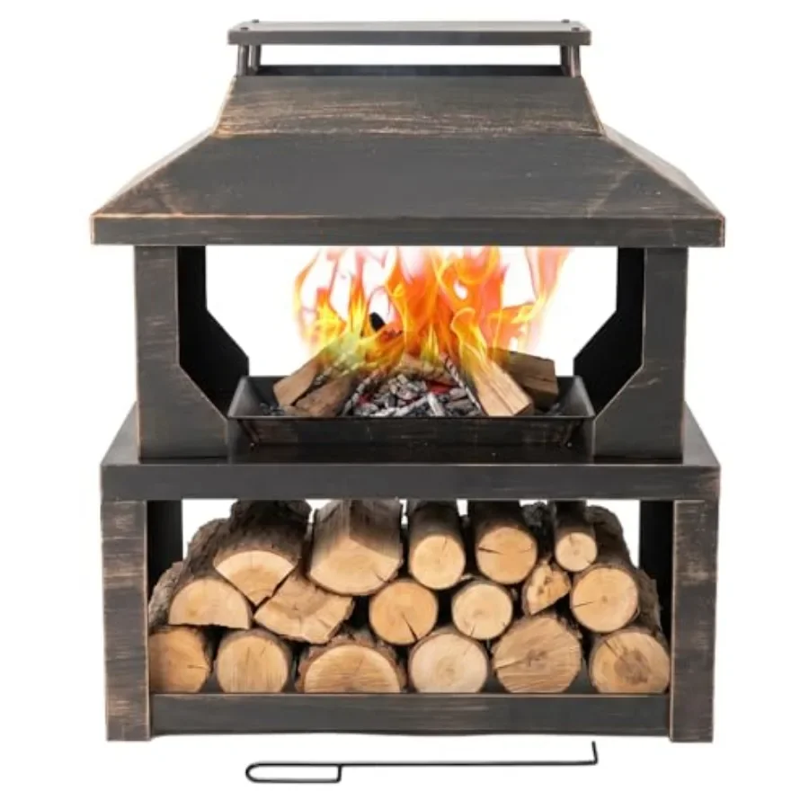 Outdoor fireplace for patio garden backyard deck: heavy duty steel, black, built-in firewood storage and chimney with removable