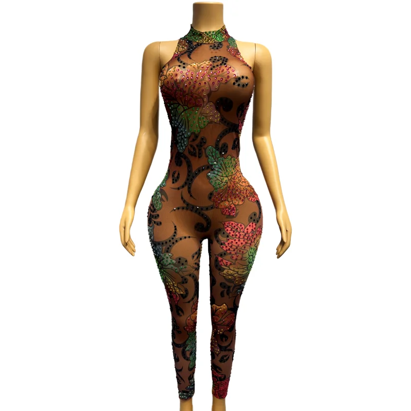 

Women Flower Pattern Print Rhinestones Mesh Sleeveless Jumpsuit Sexy Nightclub Bar Transparent Leotard Stage Performance Costume