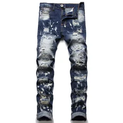 Spring New Ragged-Rag Jeans fashion Slim Blue Pants 2022 Hip Hop Motorcycle Style Beggar Pants Casual Streetwear