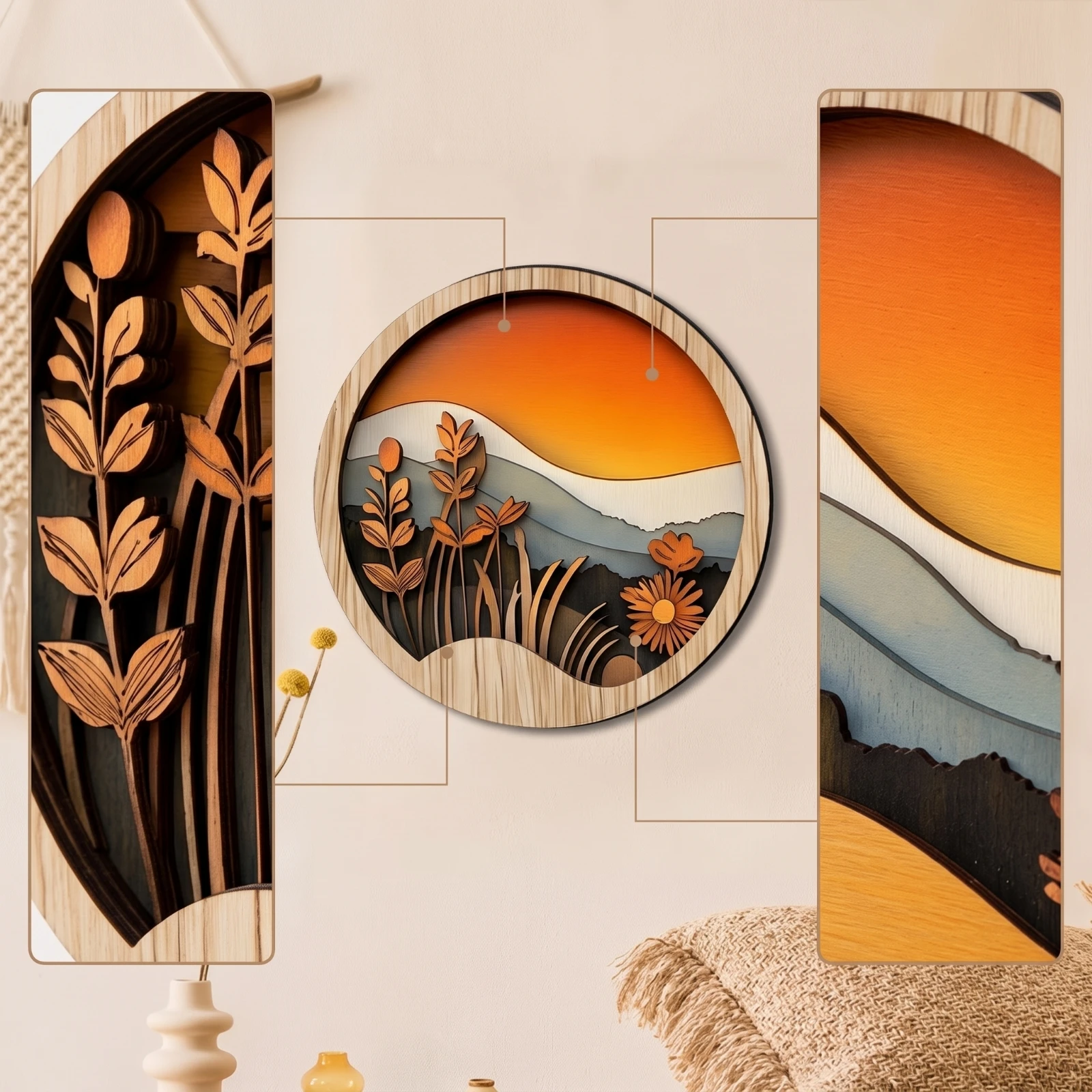 4 Pieces Forest Landscape Wall Decor Sunset Plaque with Landscape Design Wall Plaque Round Wood Panel Nature for Living Room