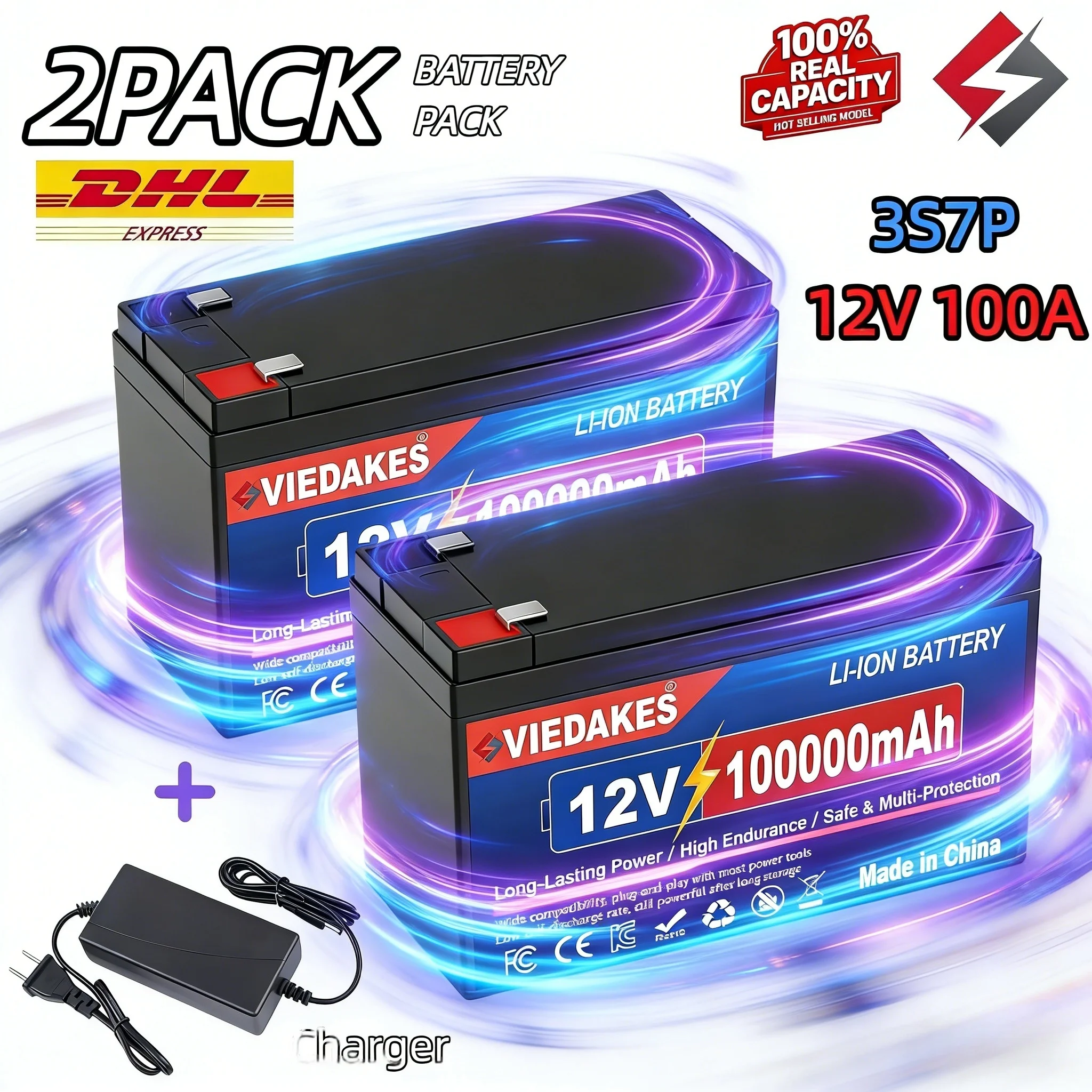 

12.8V 100Ah LiFePO4 3S7P 18650 Battery Pack Box Built-in BMS & Charger High Capacity Solar Rechargeable Battery