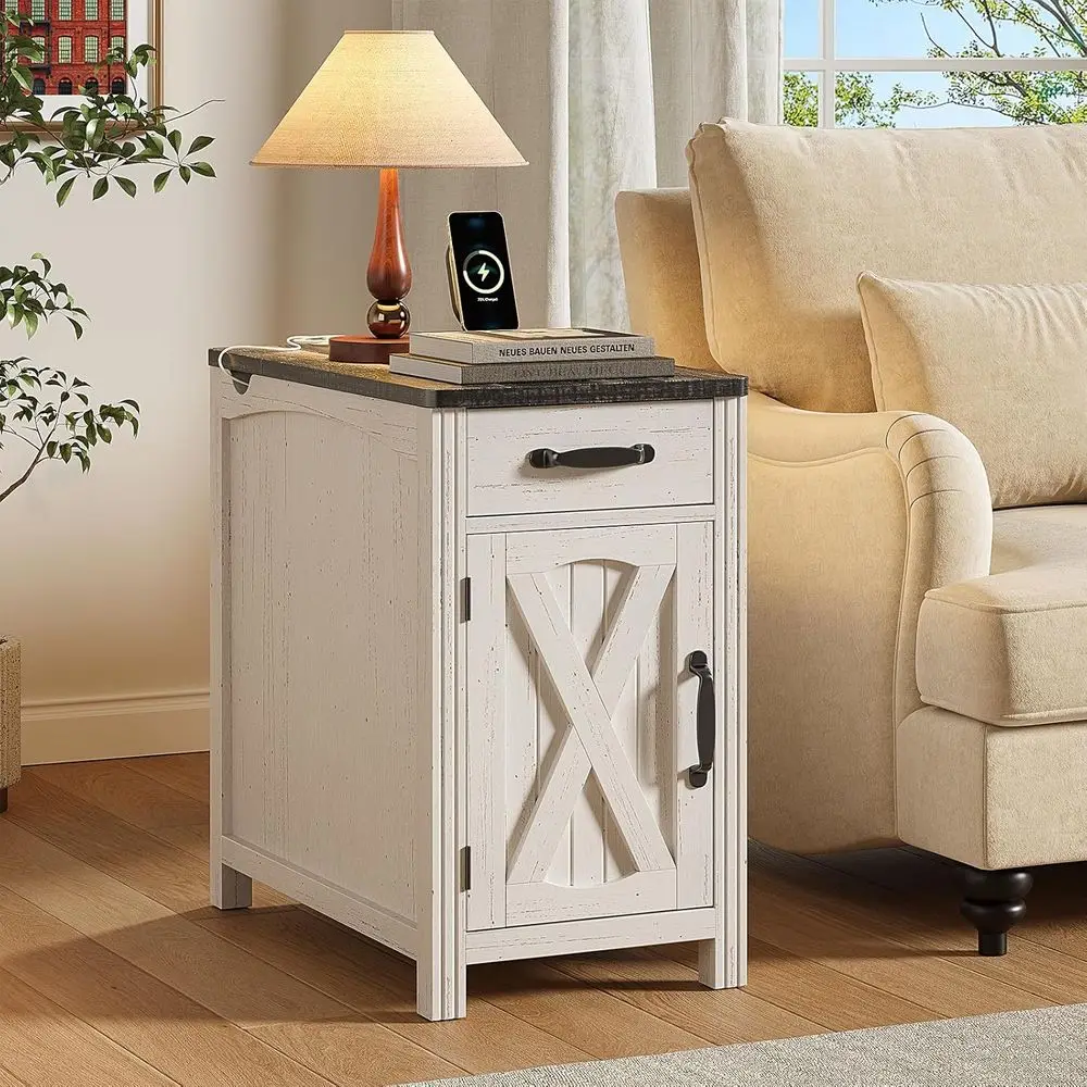

Charging Station End Table, Narrow Barn Door Side Table, Rustic Sofa Side Table with Drawer and Storage, 23.5 Rustic White Night