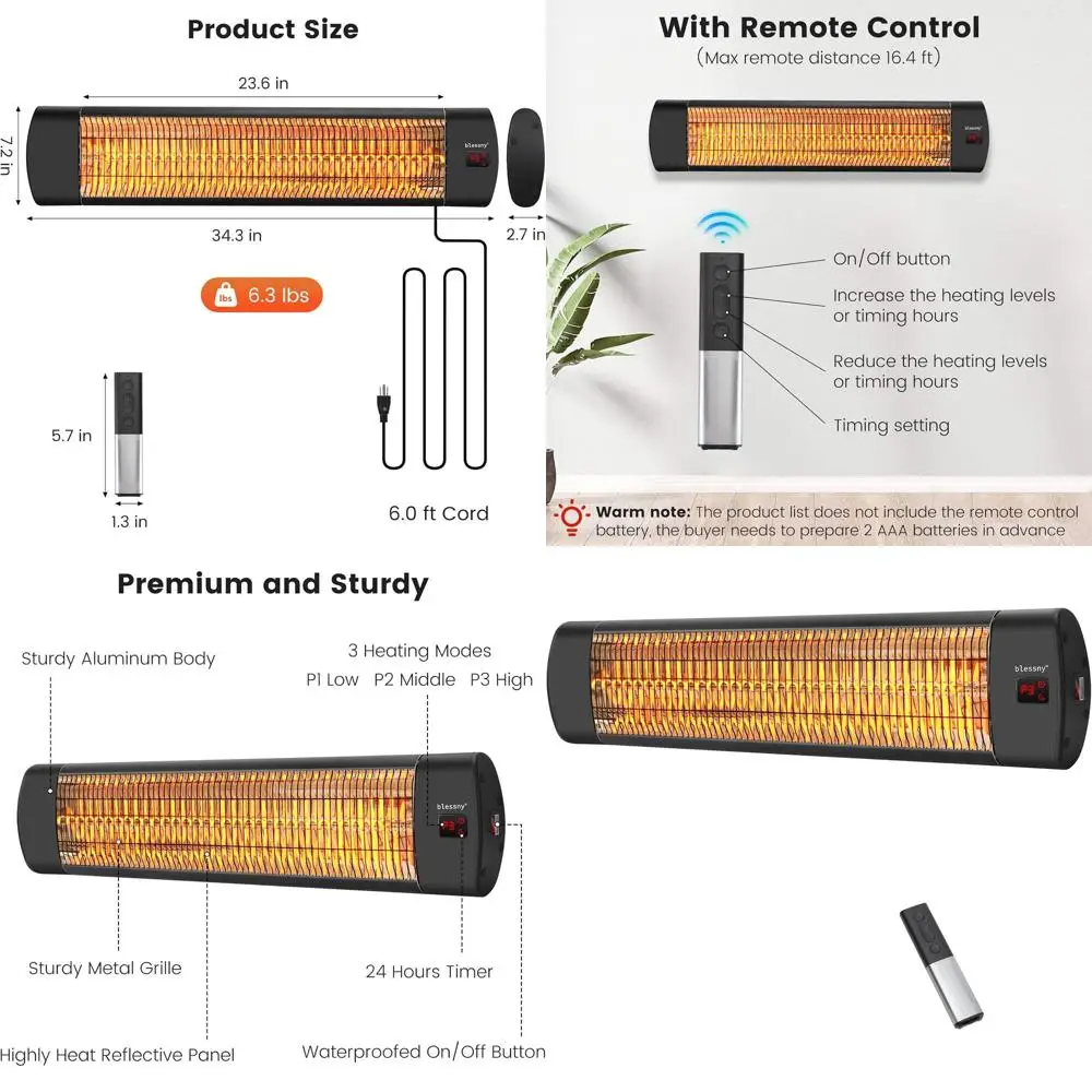 1500W 壁掛け赤外線パティオヒーター、24時間タイマーとリモコン付き、ガレージ、作業場、温室に最適、IP65 W