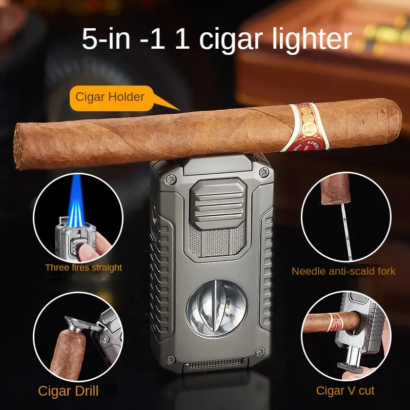 Multifunctional Three-jet Flame Direct Injection Cigar Lighter with Built-in V-shaped Cigar Cutter Portable Five-in-one
