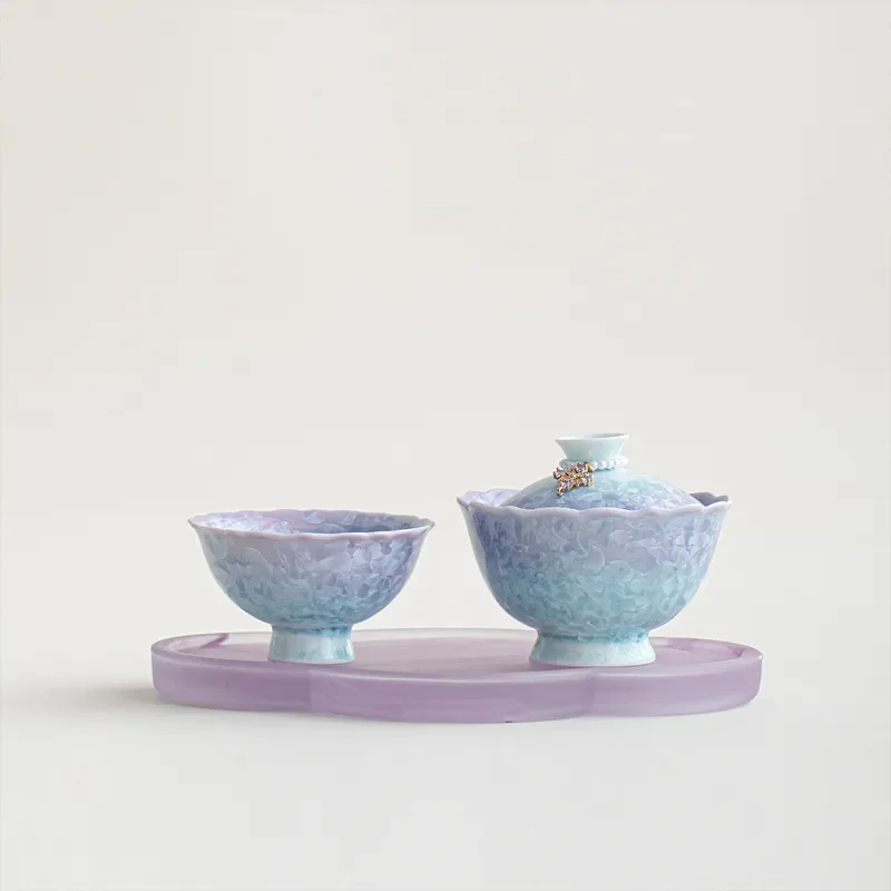 Cyan Purple Gradient Glaze Ceramic Kung Fu Tea Set Single Person Travel Cup Bowl Portable Drinking Ware for Office Home Use
