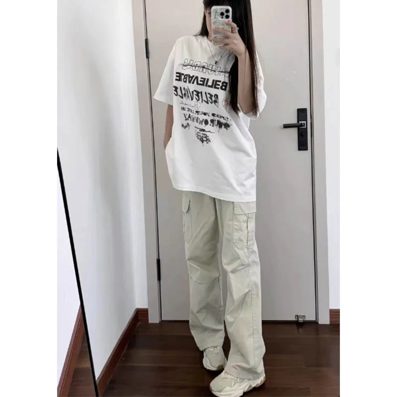 

Summer casual multi-pocket cargo pants women loose high-waisted vertical sense of broad legs drag casual pants