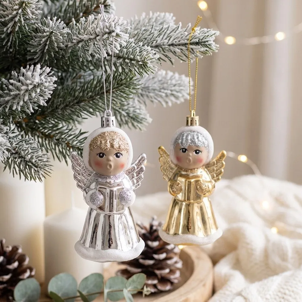 Plastic Christmas Angel Ornament Glitter Detail Electroplated Finish Xmas Tree Charm Wing Figure Fuzzy Trim