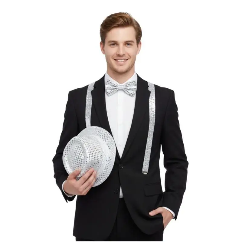Retro 1970s 3 Piece Disco Performance Set Black Red Silver Sequin Hat Tie Suspenders Classic Men Party Stage Costume Accessory