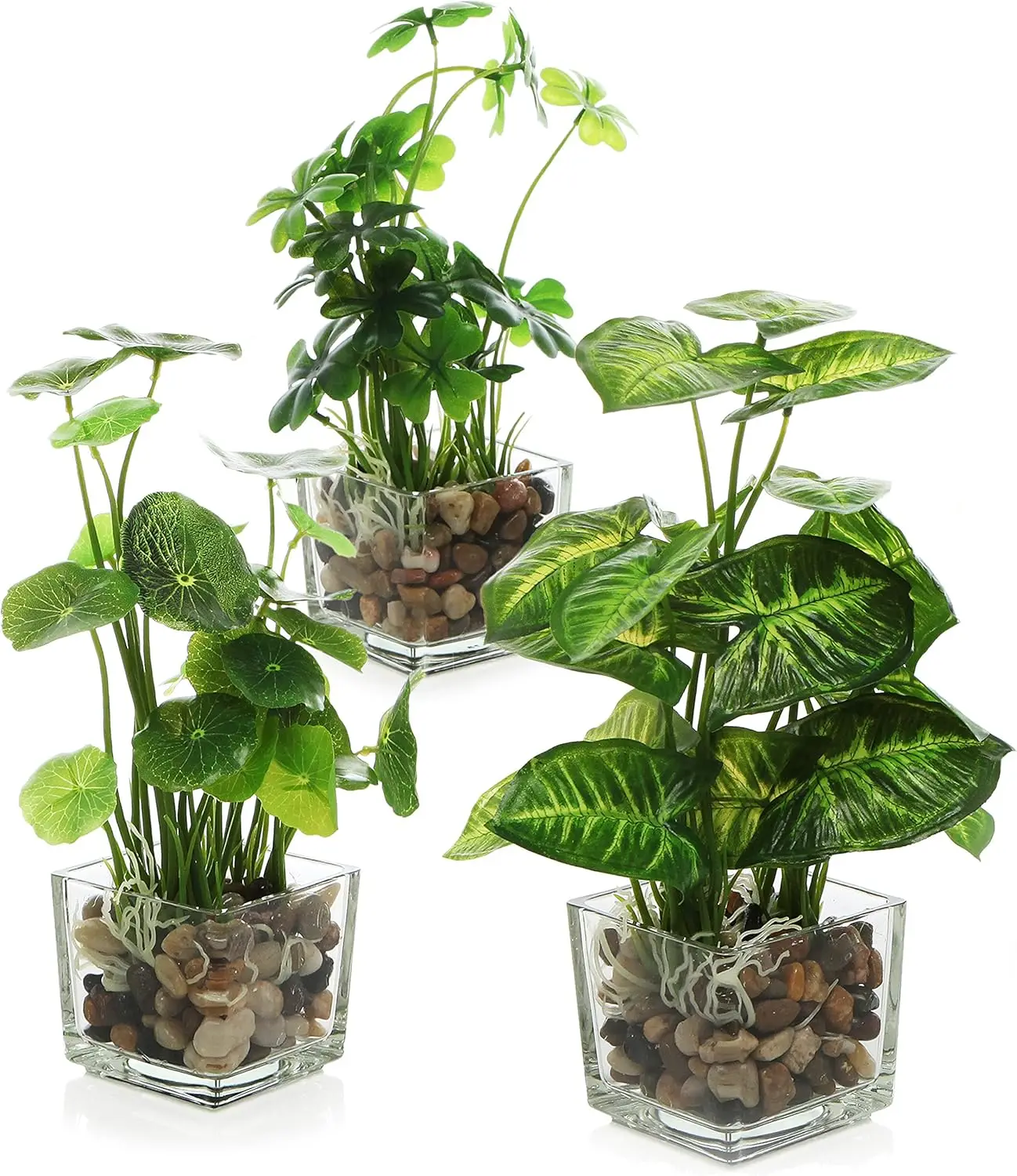 Fake Plants Set of 3 Artificial Potted Plants Indoor Clear Glass Pots 9.5 Inch Faux Plant for Home Decor