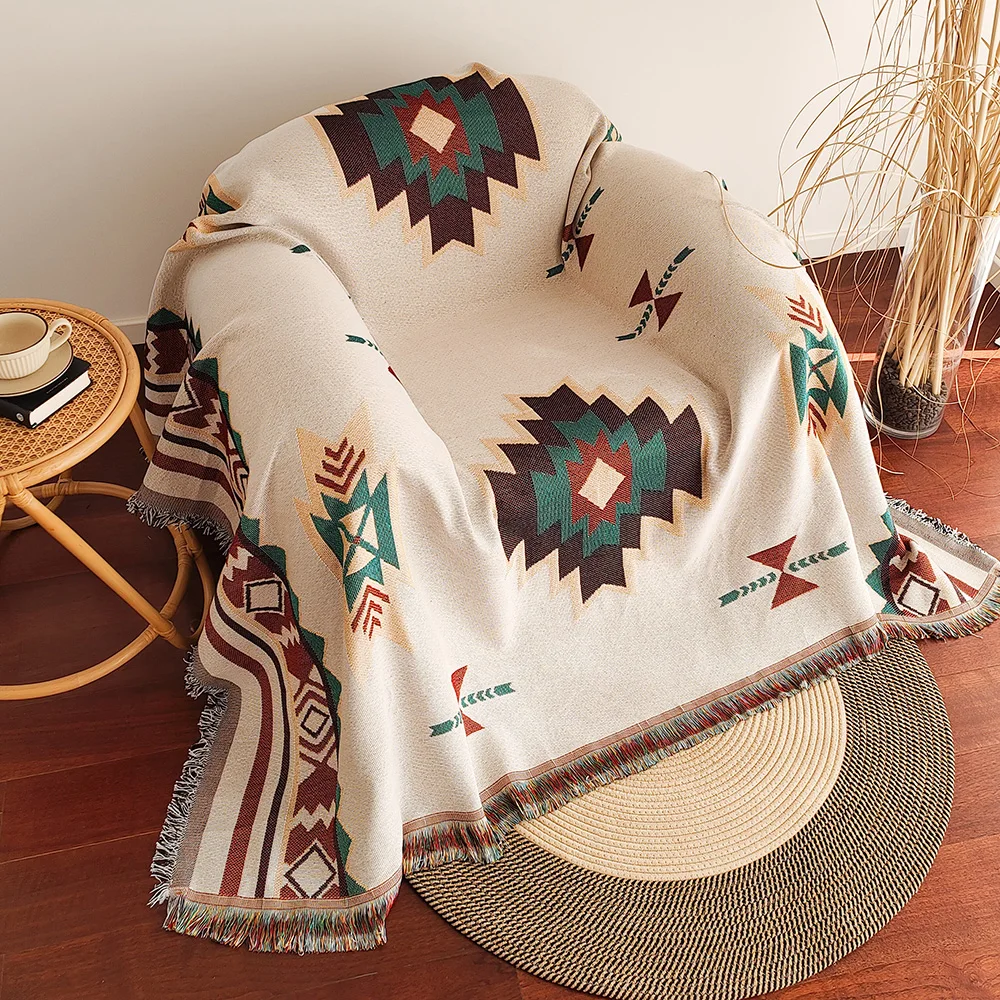 Aztec Blanket, Oversized Boho Throw Blanket with Fringe, Southwestern Geometric Tapestry Vintage Woven Throw Blankets, Double-Si