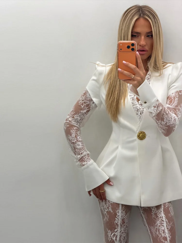 Fashion Women Shirt Lace Patchwork Transparent Long Sleeve V-neck One Button And Fitting Female Blazer Pant Summer Office Outfit