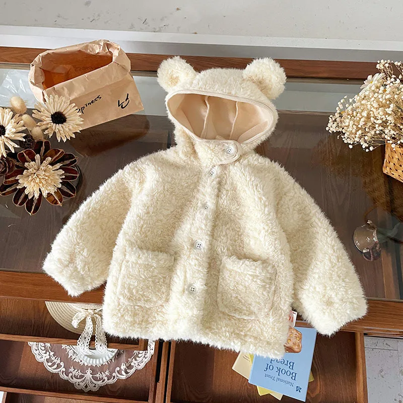 

Girls Coat 2025 Autumn Korean Version Velvet Dog Ears Hooded Wool Sweater Jacket Fashion Casual Baby