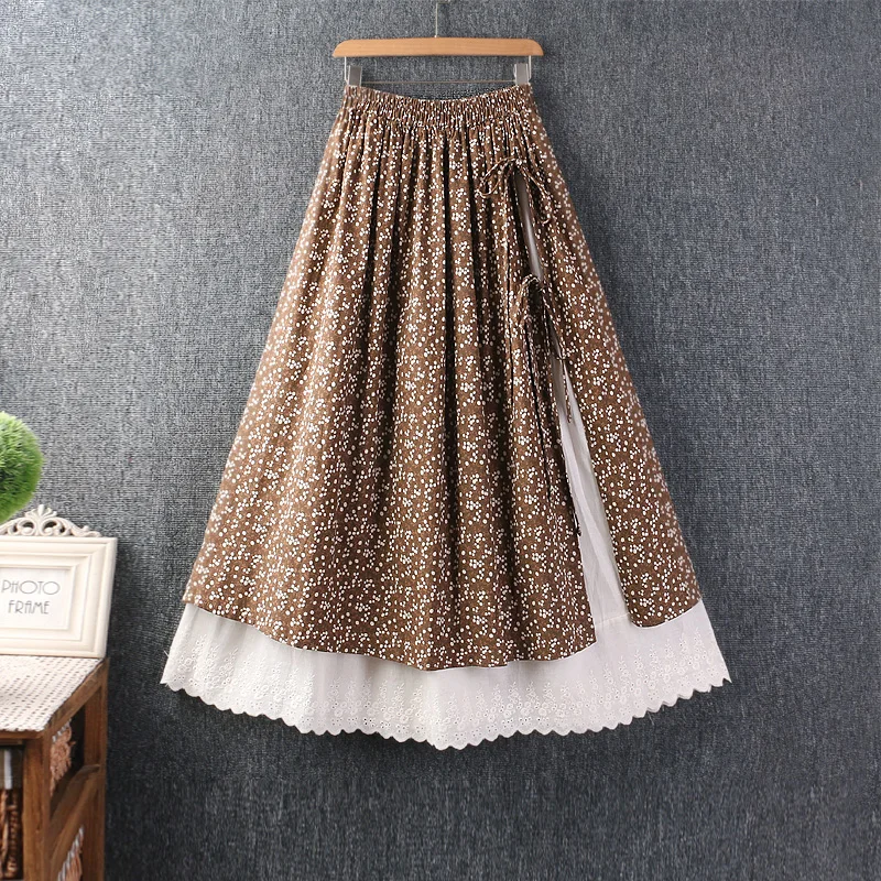 

Women Autumn New Mori Girl Vintage Floral Print Split Lace Up Asymmetric Skirts Elastic Waist Casual Loose Cotton A-Line Skirts