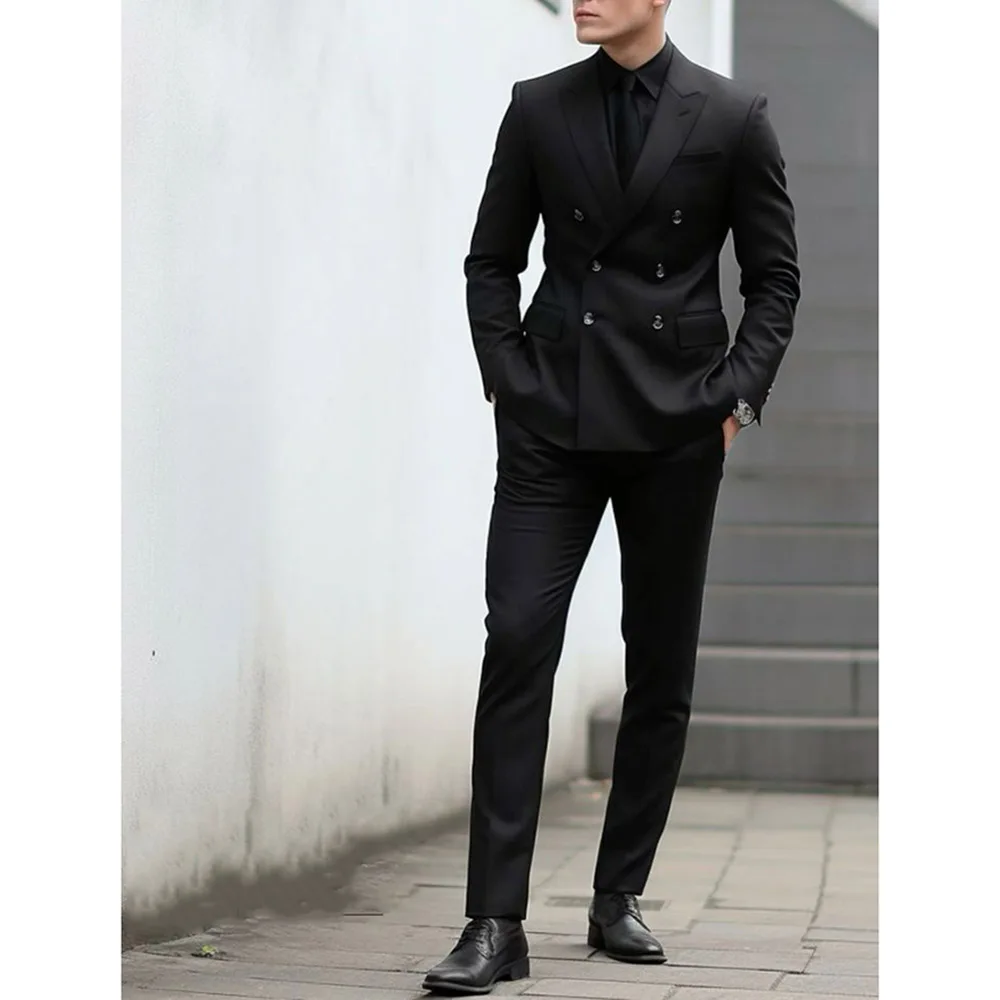 

New Fashion Men Suits Black Chic Peak Lapel Double Breasted Male Blazer with Pants Sets Casual Daily Wedding Guest 2 Pieces Set