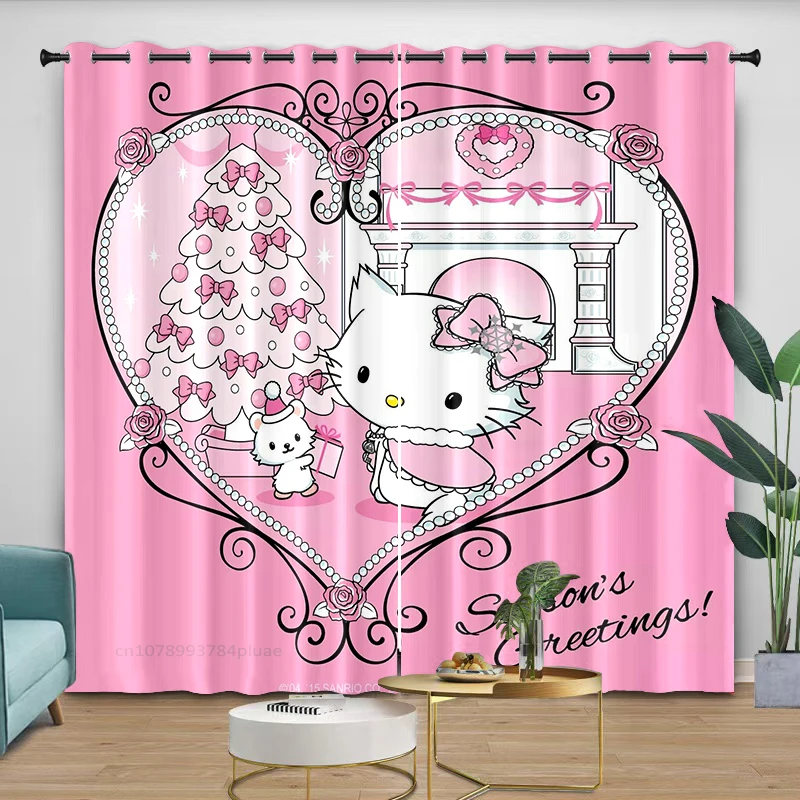 2pcs Curtain HelloKitty Cartoon Cute Children's Room Decoration, Bedroom Living Room Window Blackout Privacy Gift