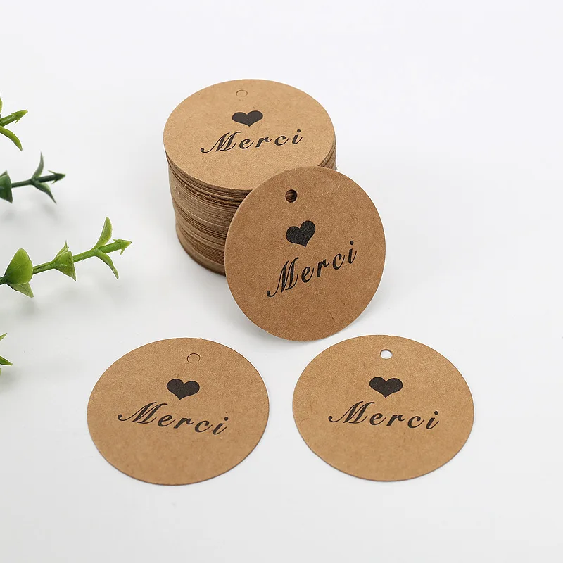 100pcs 4cm Round Kraft Paper Tags Thank You Merci Love Print Tag Labels Handmade Product Garment Shoes Hang Tag DIY Accessories