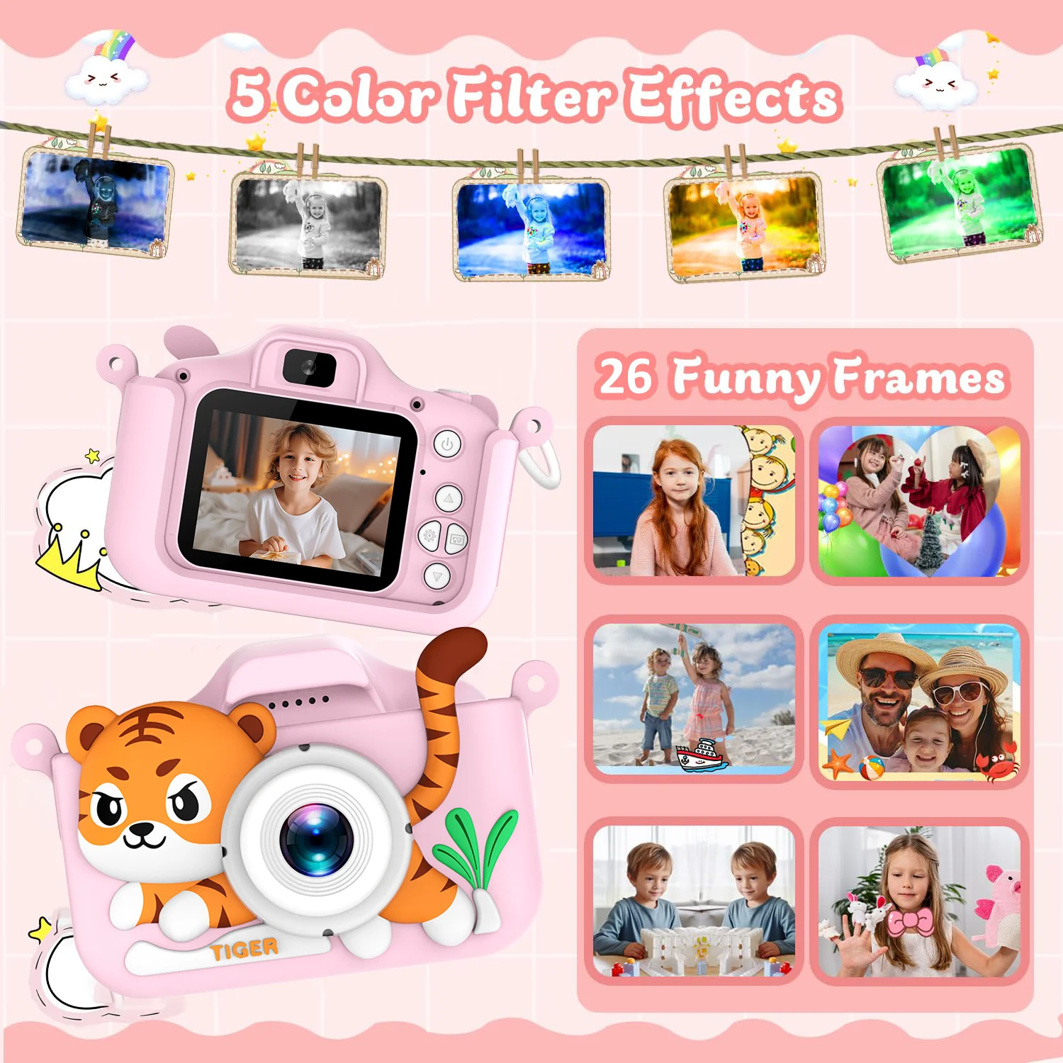 Kids' Camera with 64GB Memory Card and Card Reader 48MP Dual Cameras with 1080p HD Front and Rear Lenses Five Educational Games