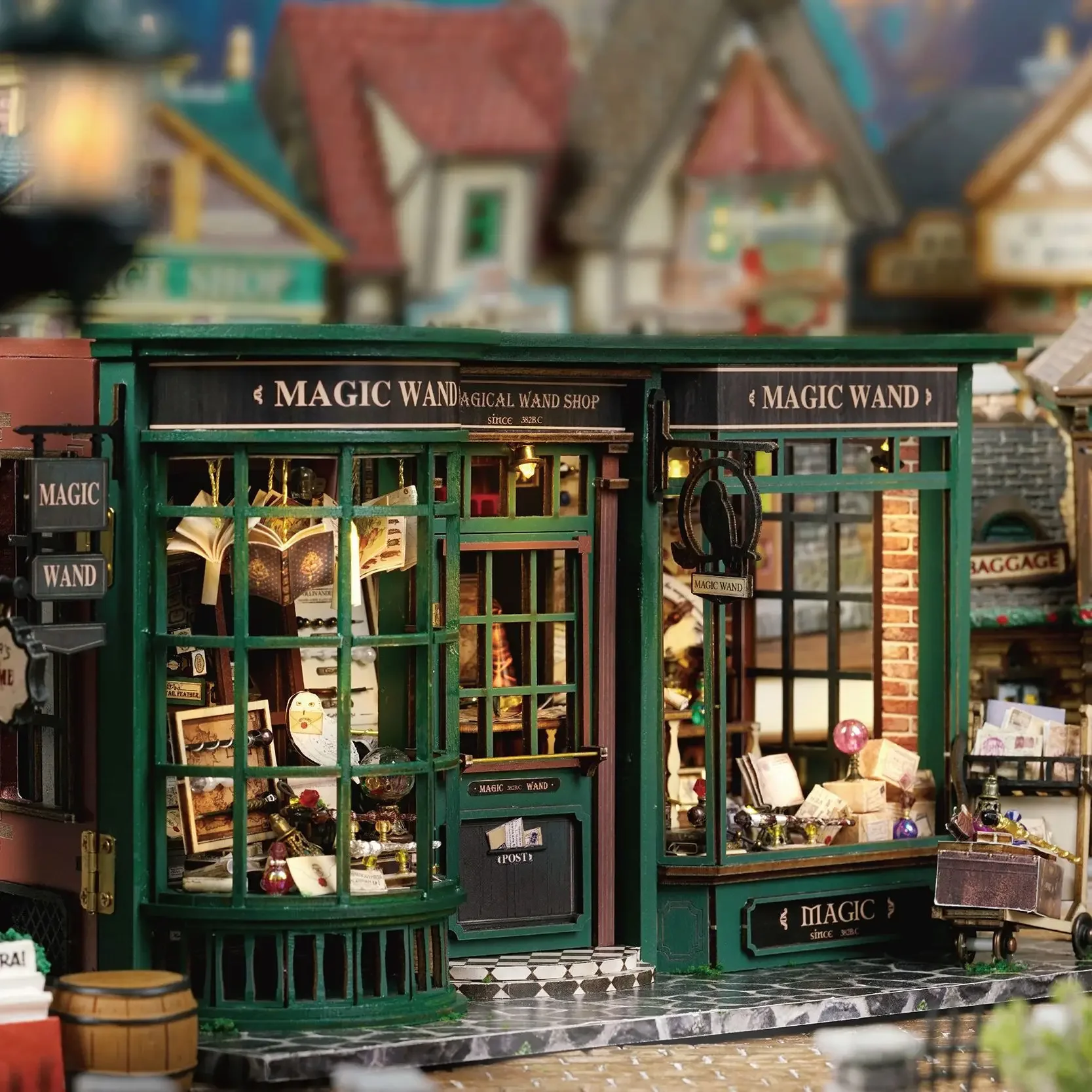 F-032 diy casa de mágica estilo vintage europeu verde escuro artesanato elementos mágicos blocos de construção brinquedos do miúdo tijolos presentes