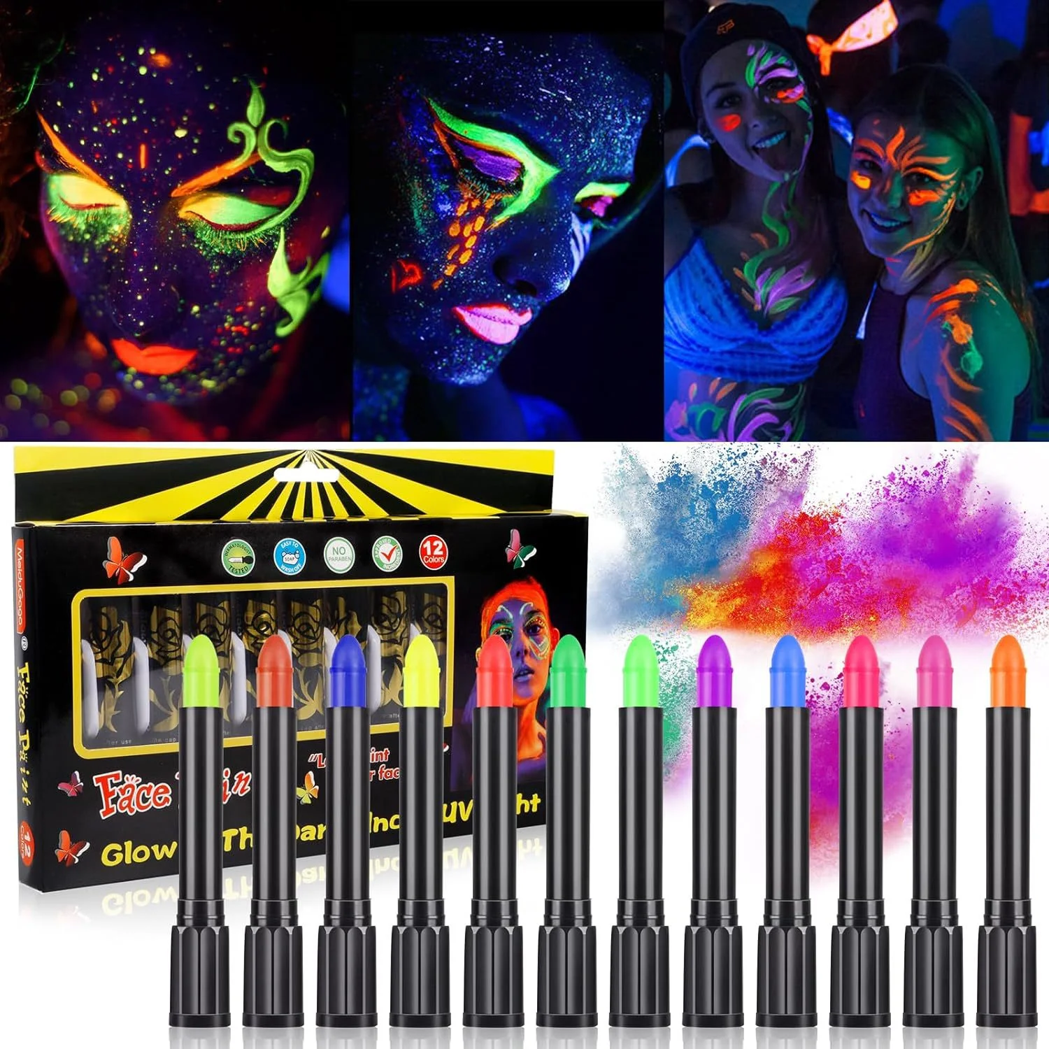 6PCS/12PCS Neon UV Glow Face&Body Painting Kit Crayons-Vibrant Black Light-up Make-up sticks for Mardi Gras,Halloween,Masquerade