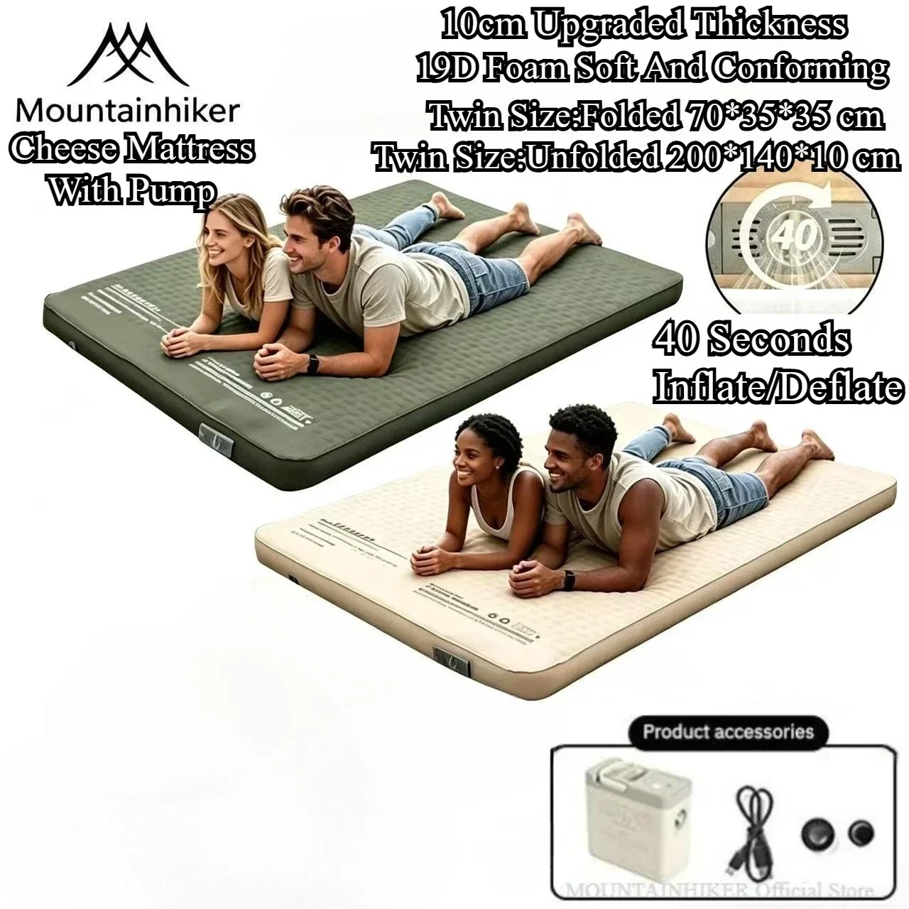 MOUNTAINHIKER 10CM High Inflatable Mattress Upgrade Edition Comes with Storage Bag Portable Camping Sleeping Pad Mat