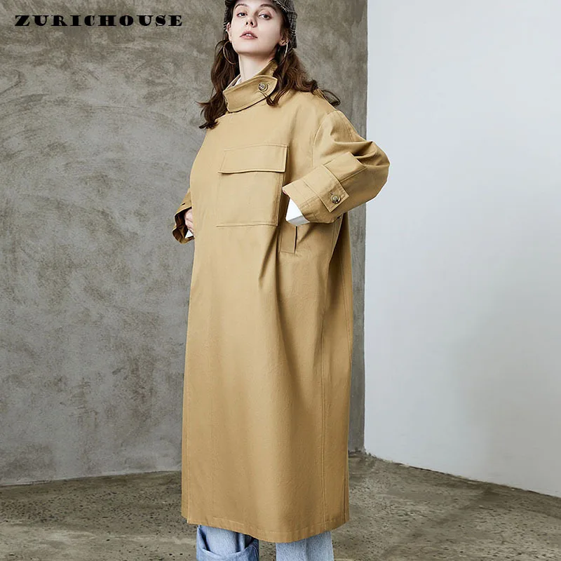 

ZURICHOUSE Casual Loose Cargo Windbreaker Female Khaki Temperament British Style 100% Cotton Long Trench Coat For Women