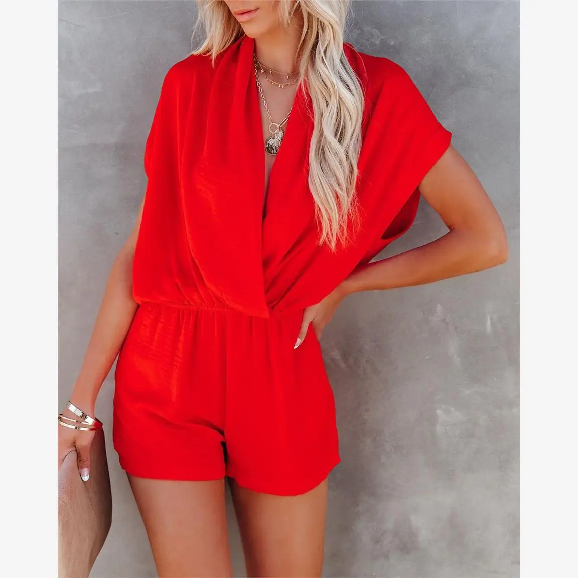 섹시한 V넥 캐주얼 루즈 바디수트 여성 스트리트 스타일 하이웨이스트 오버 팬츠 폴리에스터 원단 섹시한 원피스