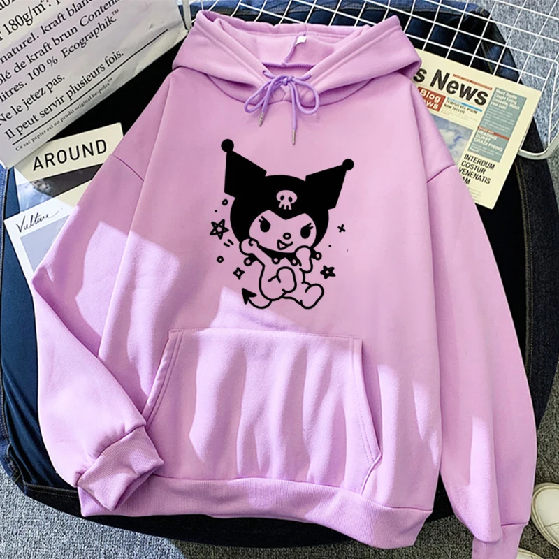 Moletom feminino Sanrio Kuromi estampado, pulôver com capuz de manga comprida, simples e elegante, kawaii, nova coleção