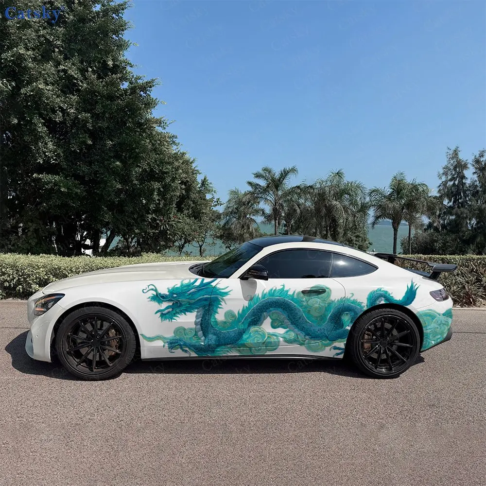 2pcs Chinese Divine Azure Dragon Car Side Wraps, Self-Adhesive PVC Waterproof & Scratch-Resistant Stickers, Car Accessory Gift