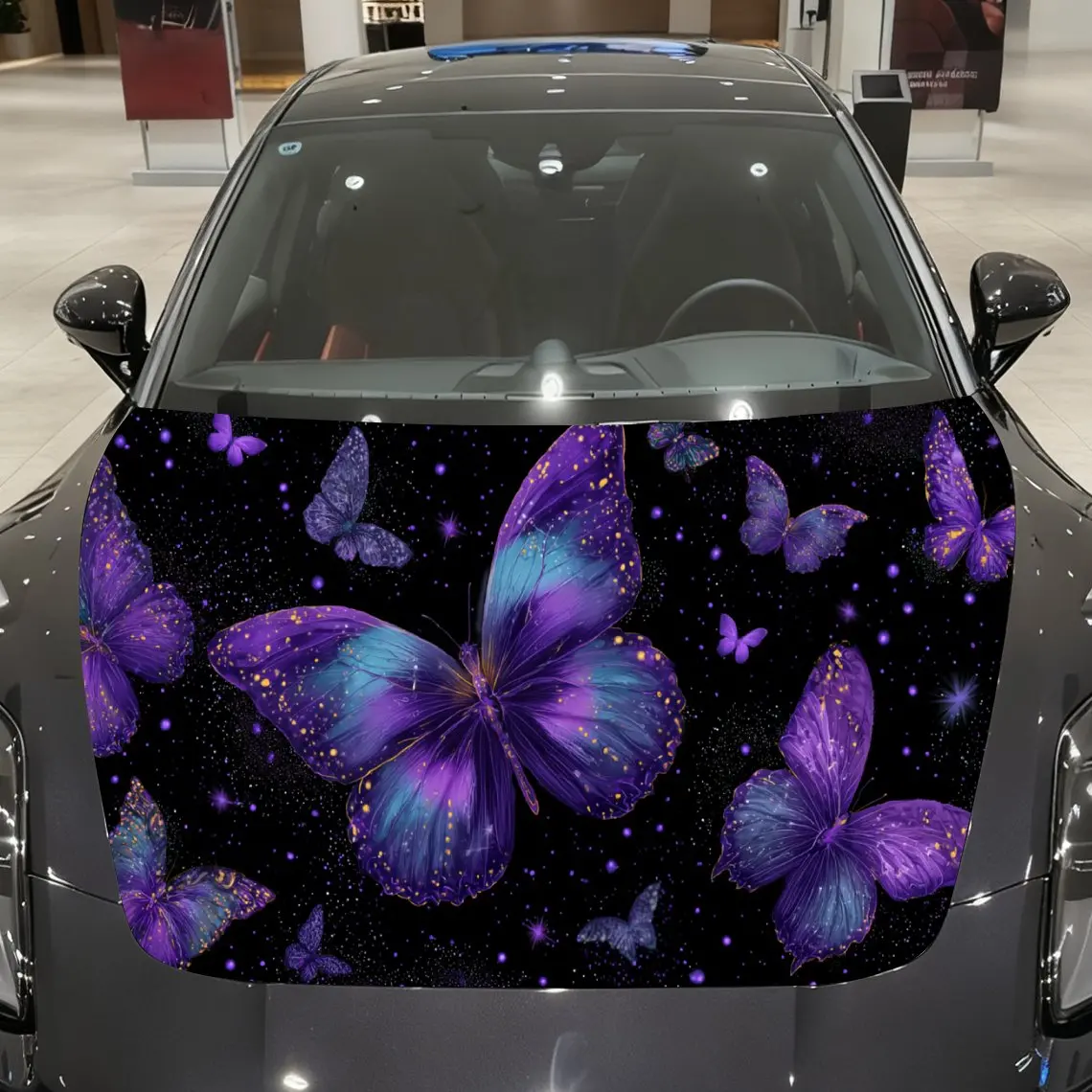 Sparkling Galaxy Butterfly Car Vinyl Wrap, PVC Material Waterproof Car Hood Sticker, Self-Adhesive Scratch-Resistant Stickers fo