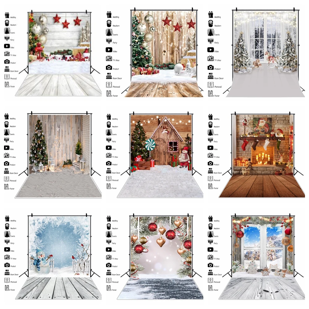 Merry Christmas Backdrop Wooden Floor Fireplace Gifts Winter Snow Xmas Tree Baby Portrait Photography Background Photo Studio