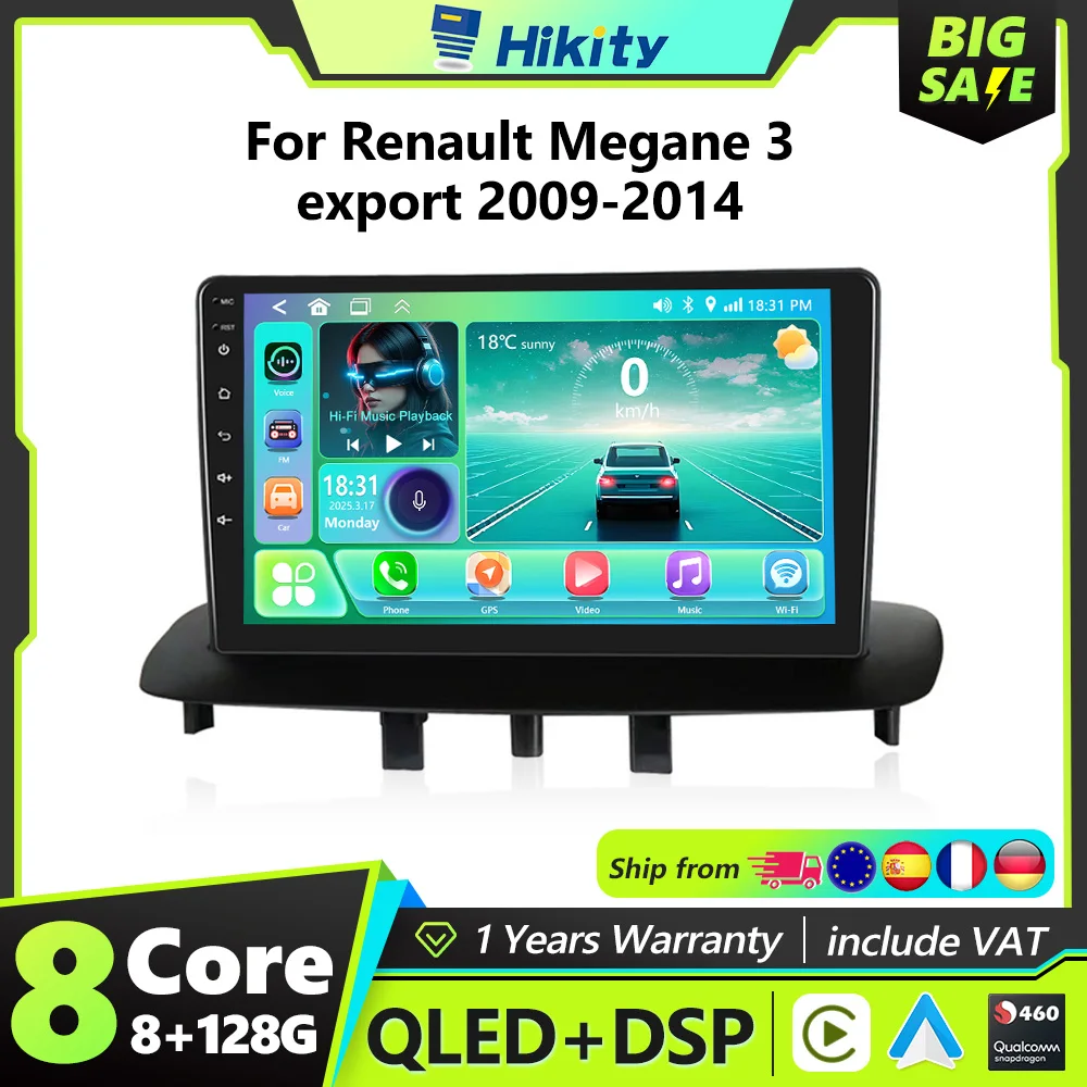 Hikity per Renault Megane 3 esportazione 2009-2014 Autoradio 9' Lettore multimediale Carplay Android Auto Airplay 2Din Android Autoradio